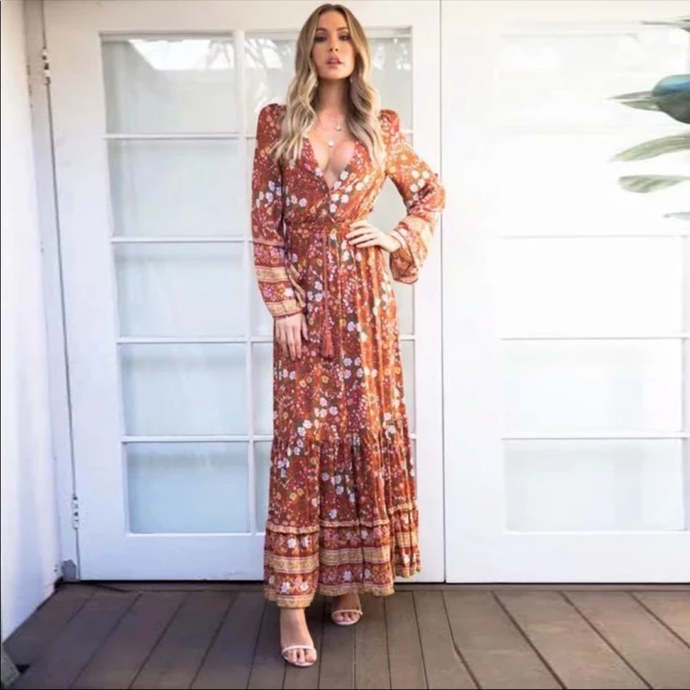 Long Sleeve Boho Floral Gypsy Print Maxi Dress - Picture 1 of 13